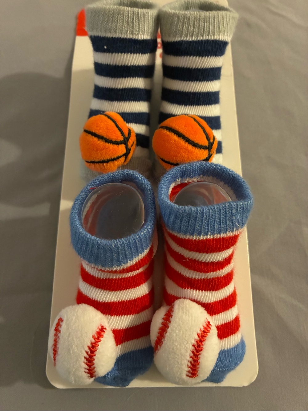 Striped Baby Plush Sports Pom-Pom Socks w/Rattles — Baseball & Basketball